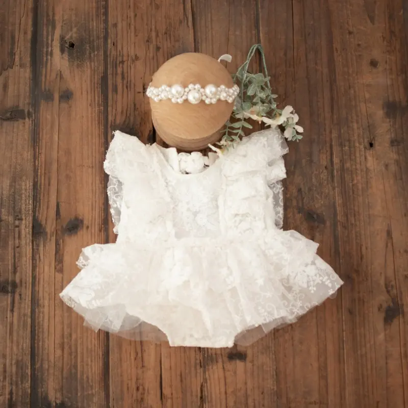 Baby Girl White Lace Pearl Dress Headband Set - Newborn Photography Outfit - Image 4